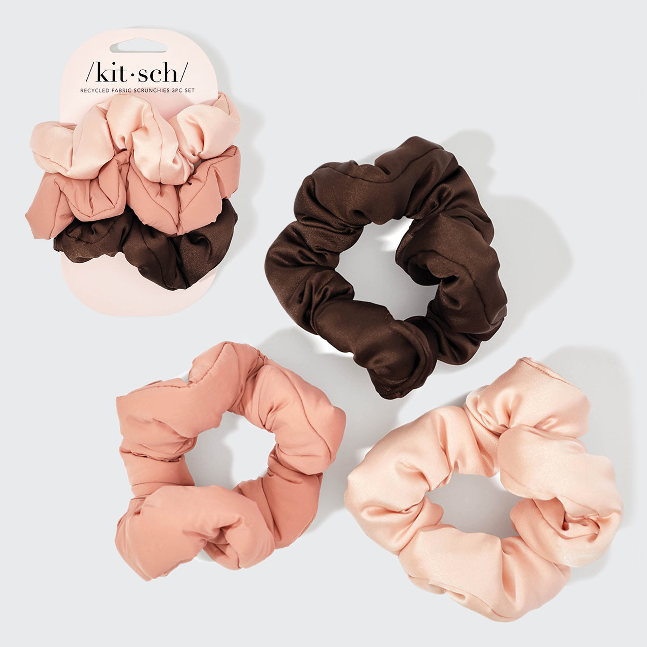 Kierrätetty kangas Puffy Scrunchies 3kpl setti - ruusunpuu